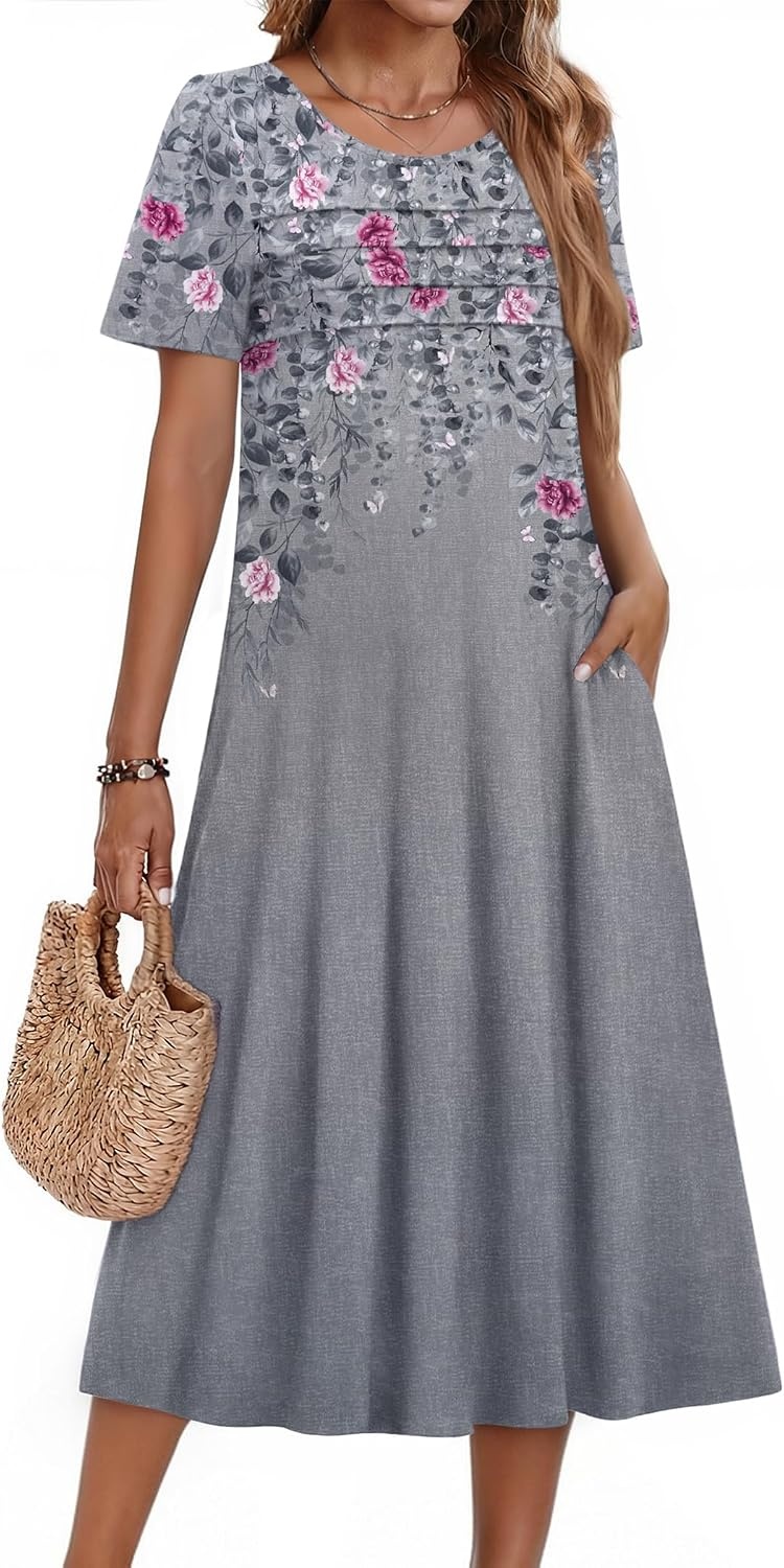 image:imageZeagoo Womens Casual Dresses for Summer Short Sleeve Flare Midi Dress BeachGrey Floral