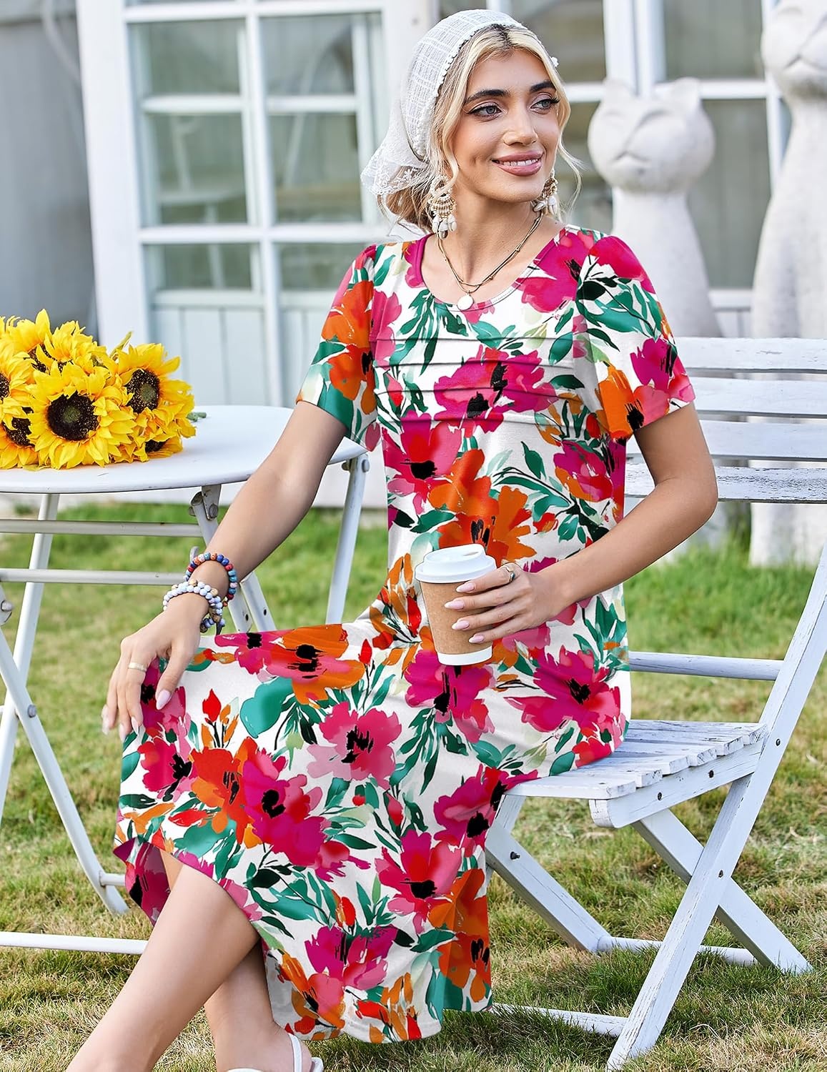 image:imageZeagoo Womens Casual Dresses for Summer Short Sleeve Flare Midi Dress BeachRed Floral