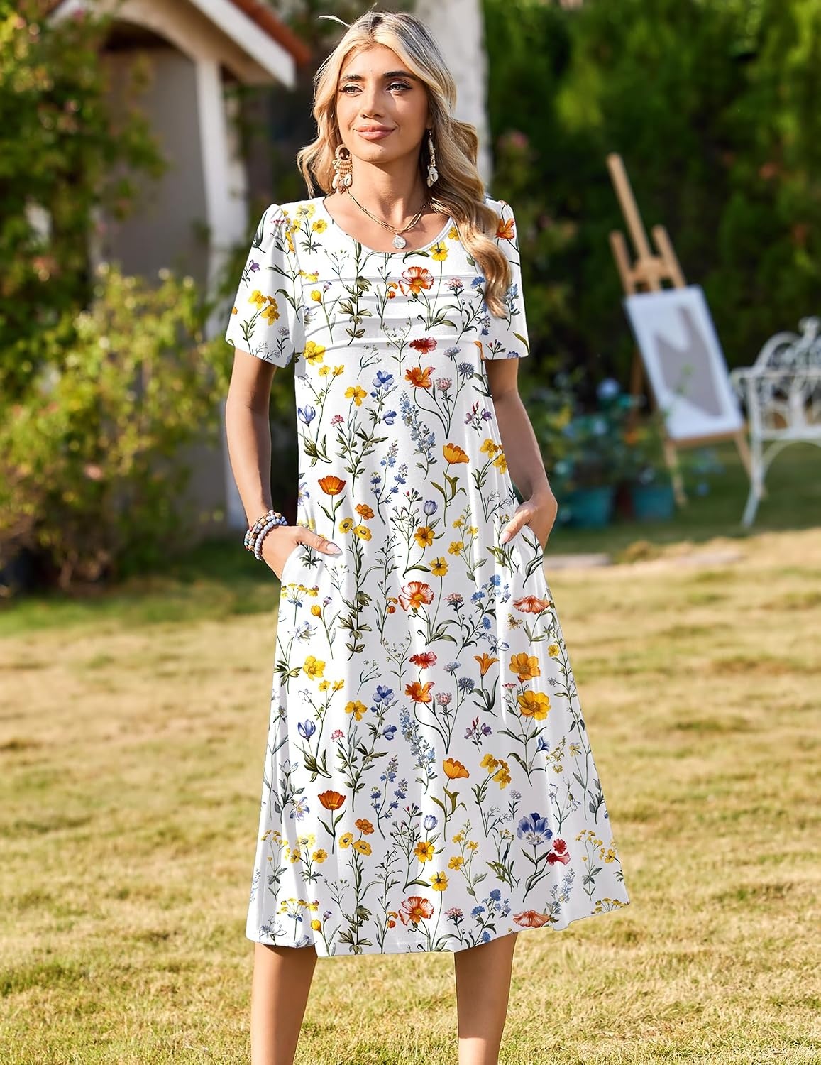 image:imageZeagoo Womens Casual Dresses for Summer Short Sleeve Flare Midi Dress BeachWhite Xh403