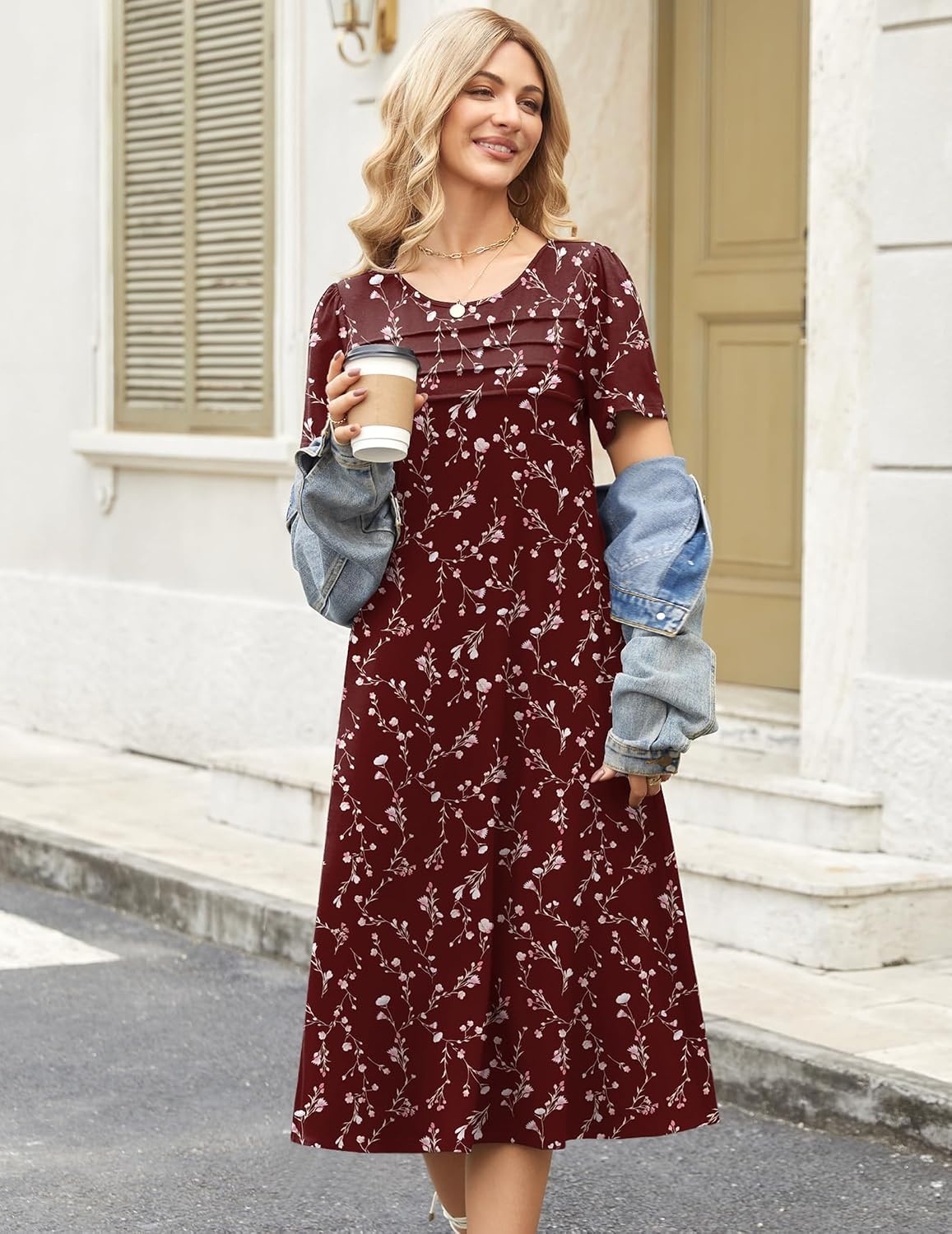 image:imageZeagoo Womens Casual Dresses for Summer Short Sleeve Flare Midi Dress BeachWine Red Floral