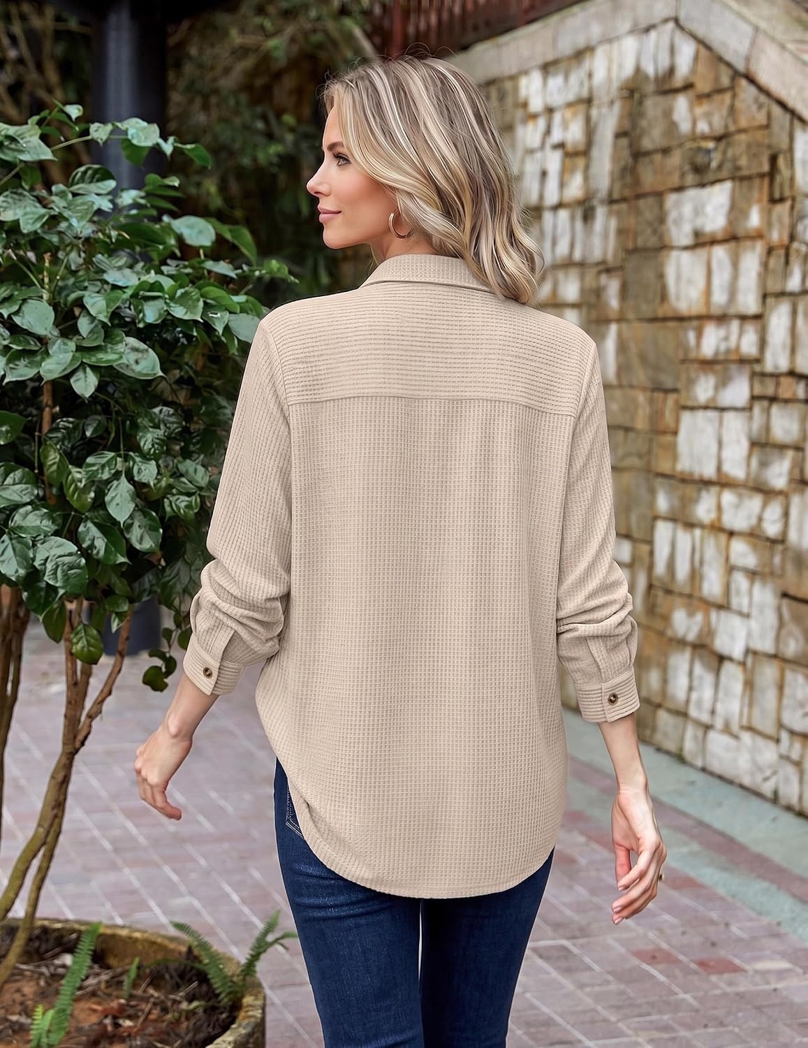 image:imageZeagoo Womens Waffle Knit Shacket Button Down Long Sleeve Tops with Pocket01apricot