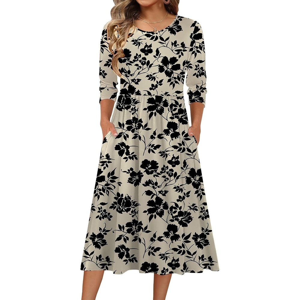 image:imageZeagoo 34 Sleeve Womens Dress Casual Aline Summer Fall Midi Long DressesBeige Black Floral