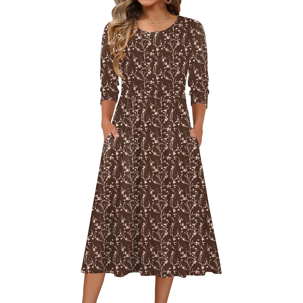 image:imageZeagoo 34 Sleeve Womens Dress Casual Aline Summer Fall Midi Long DressesCoffee Print
