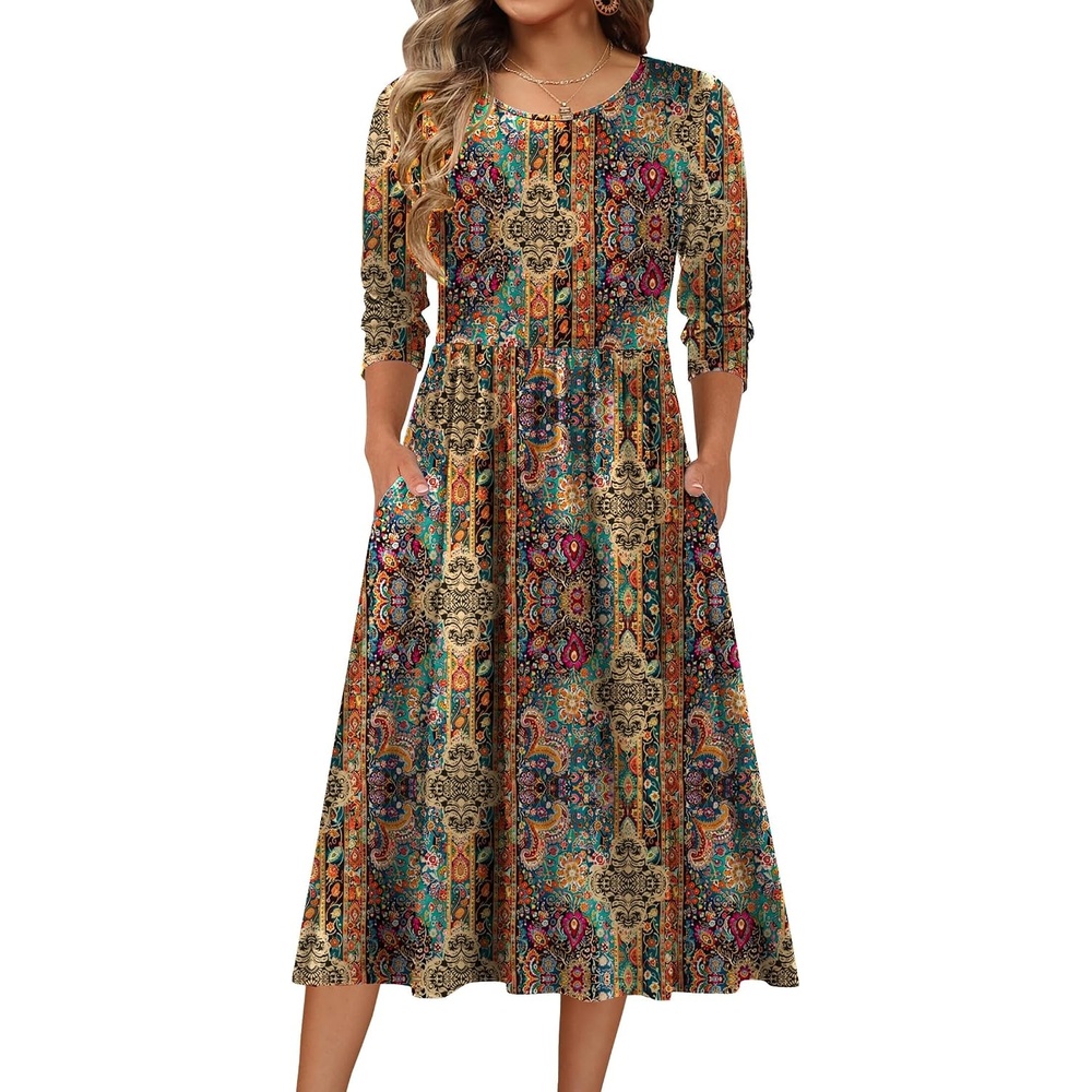 image:imageZeagoo 34 Sleeve Womens Dress Casual Aline Summer Fall Midi Long DressesEthnic Boho Print