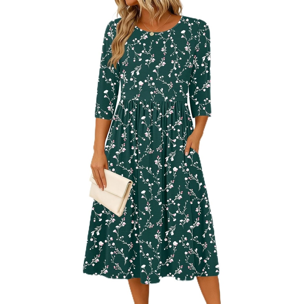image:imageZeagoo 34 Sleeve Womens Dress Casual Aline Summer Fall Midi Long DressesGreen Floral
