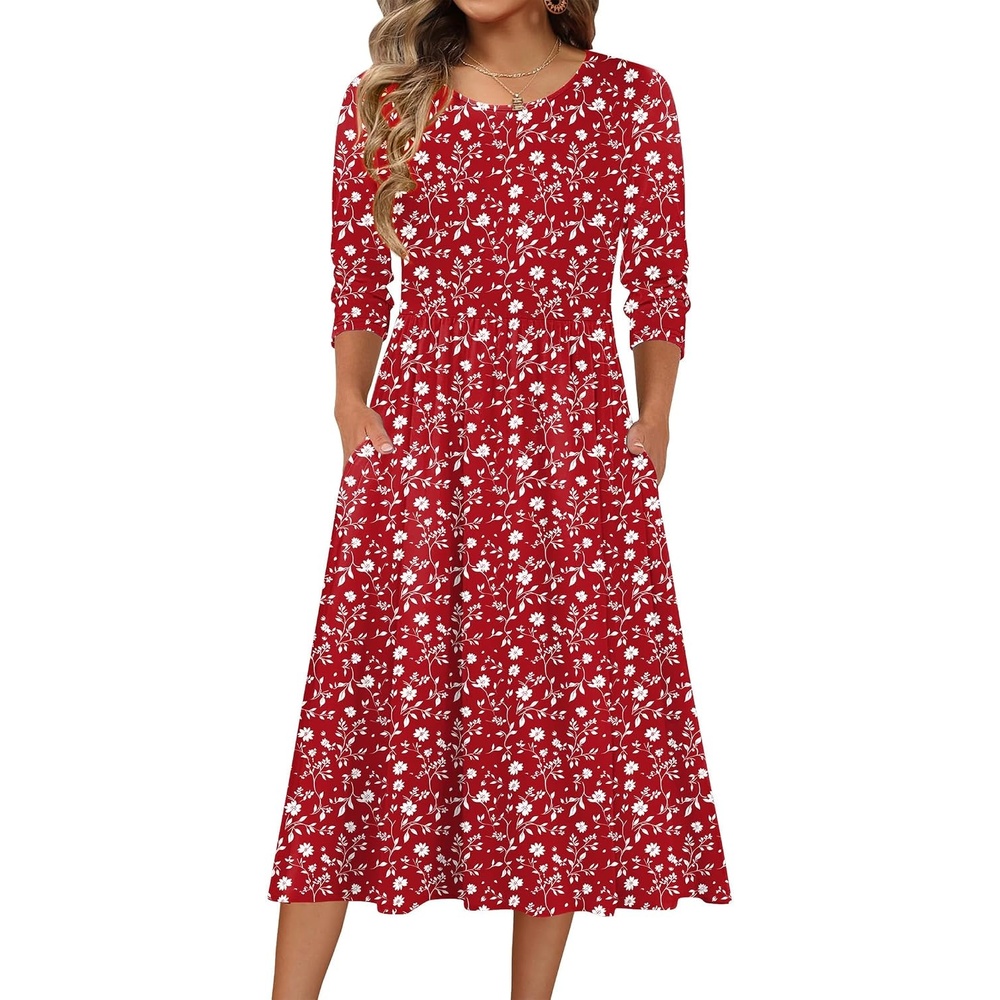 image:imageZeagoo 34 Sleeve Womens Dress Casual Aline Summer Fall Midi Long DressesRed Floral
