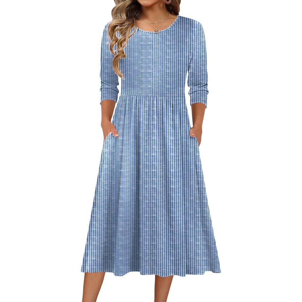 image:imageZeagoo 34 Sleeve Womens Dress Casual Aline Summer Fall Midi Long DressesStripe Print