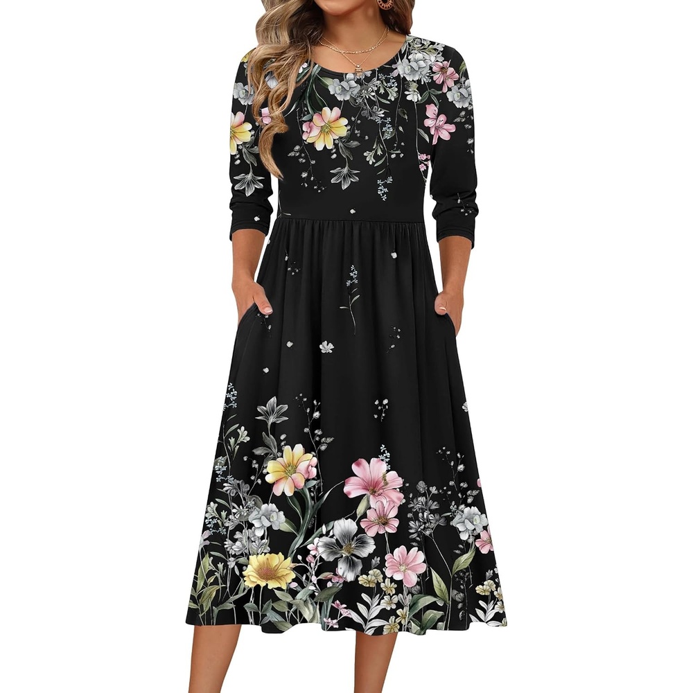 image:imageZeagoo 34 Sleeve Womens Dress Casual Aline Summer Fall Midi Long DressesWf120