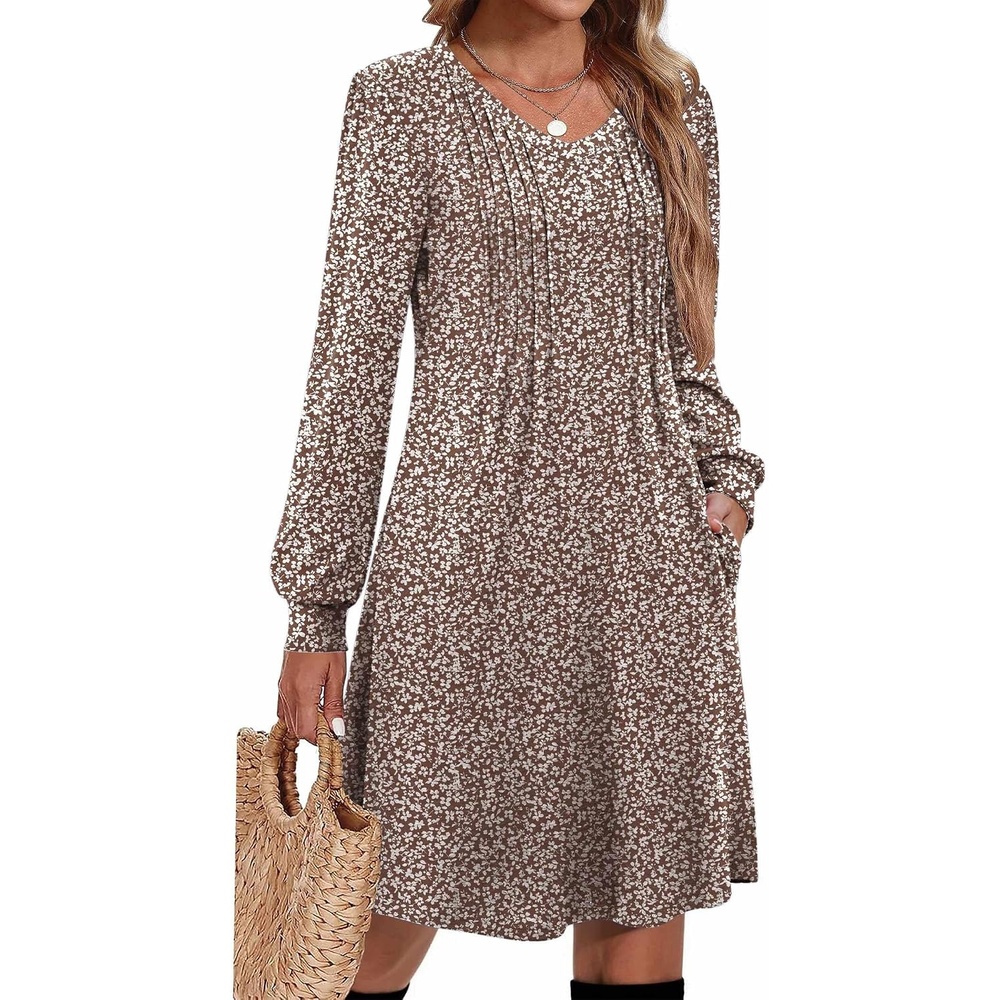 image:imageZeagoo Fall Dresses for Women Long Sleeve Casual Pleated V Neck Dress 2026 A Line Tunic DressB26 Brown Floral