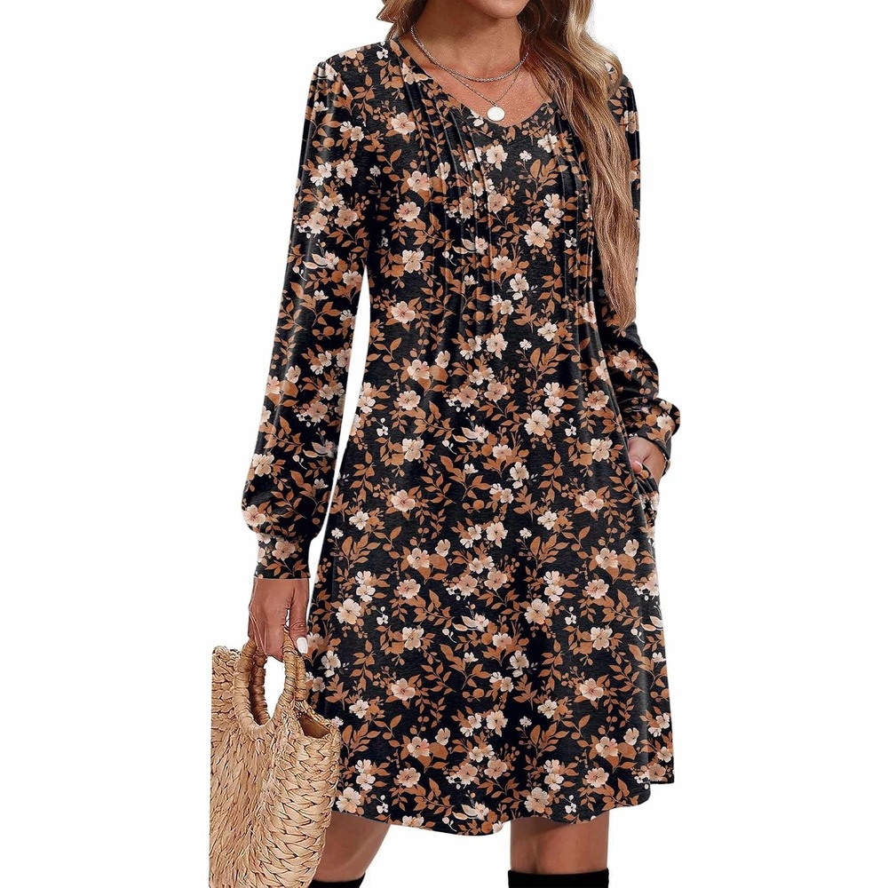 image:imageZeagoo Fall Dresses for Women Long Sleeve Casual Pleated V Neck Dress 2026 A Line Tunic DressB26 Maple Leaf