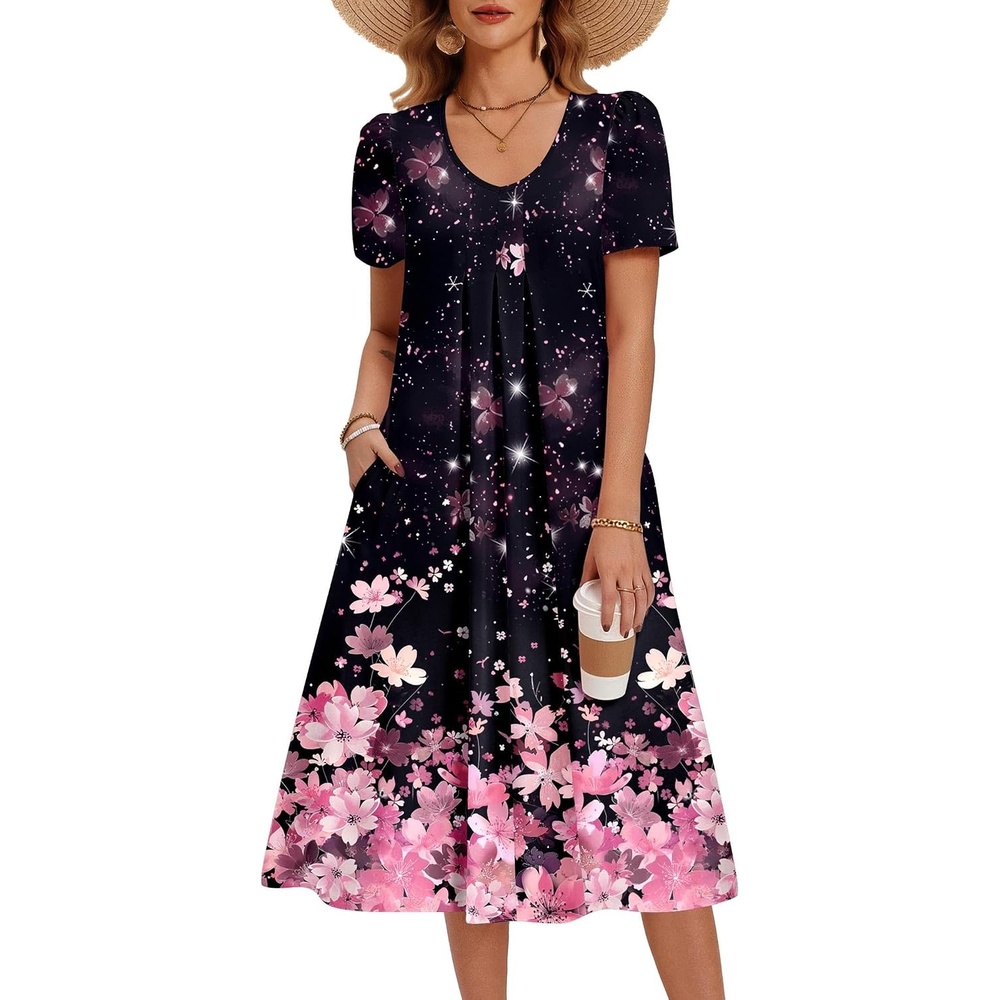 image:imageZeagoo Summer Casual Dress for Womens Floral Midi Sundress with PocketsBlack Pink Floral
