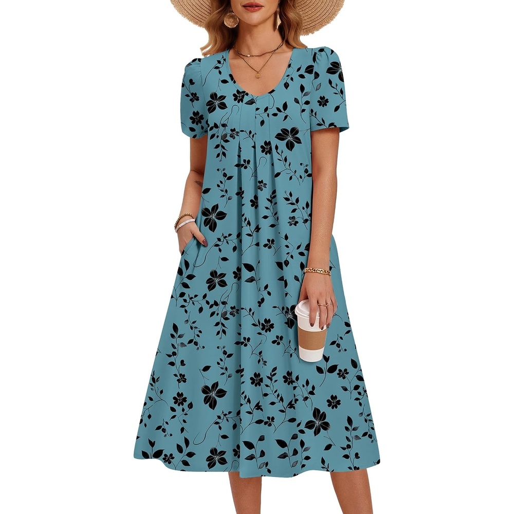 image:imageZeagoo Summer Casual Dress for Womens Floral Midi Sundress with PocketsLeafprinted
