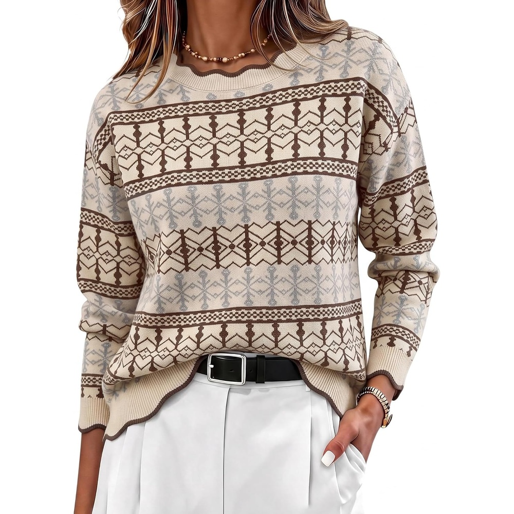 image:imageZeagoo Sweaters for Women 2026 Fall Outfits Long Sleeve Winter ClothesKhaki Diamond Stripes