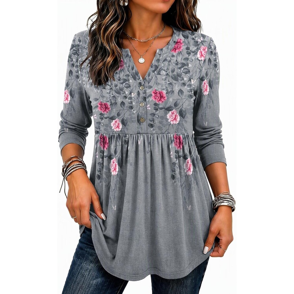 image:imageZeagoo Women Blouses Long Sleeve Top Boho Henley Vneck Pleated Fall TunicFlower Grey