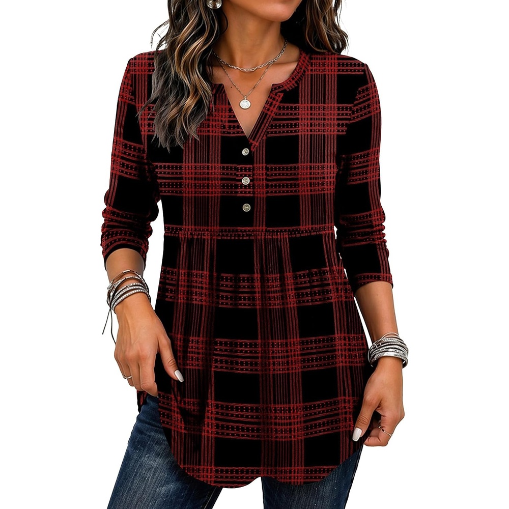 image:imageZeagoo Women Blouses Long Sleeve Top Boho Henley Vneck Pleated Fall TunicRed Plaid