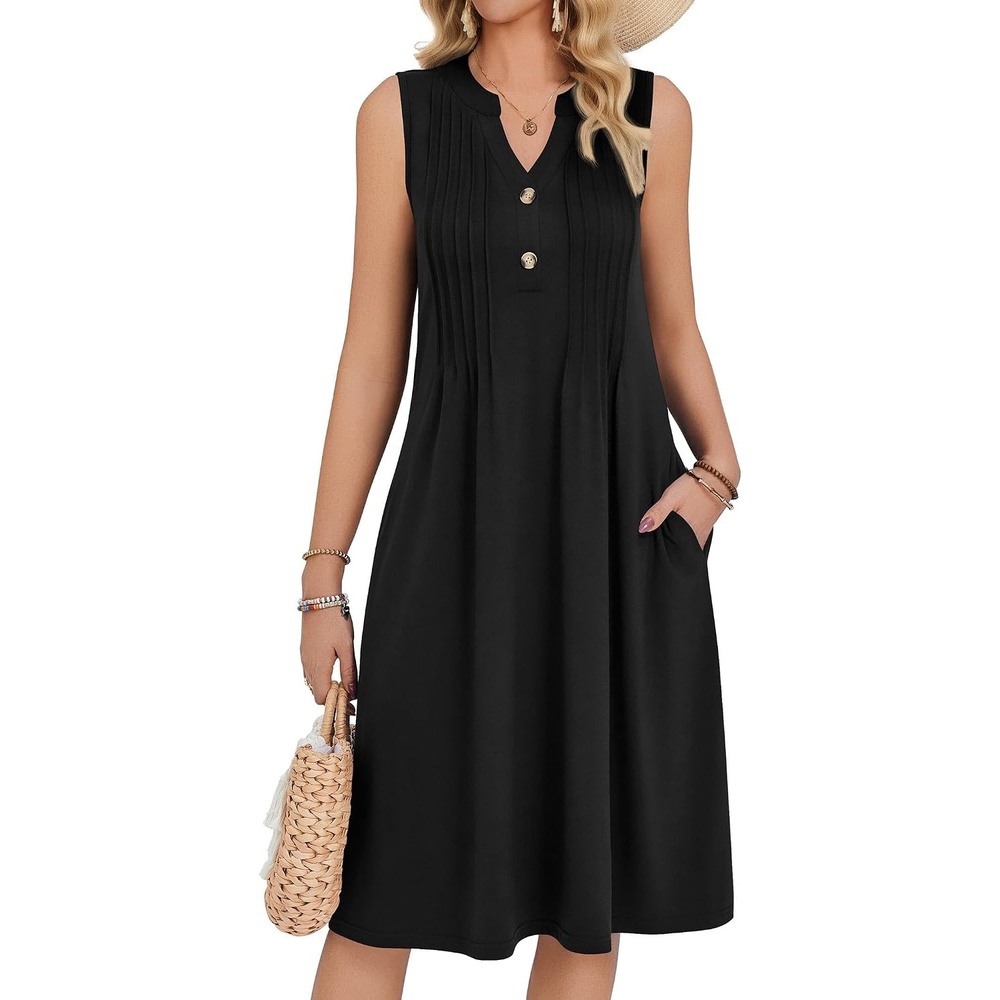 image:imageZeagoo Women Summer Casual Dress 2026 Sleeveless Midi Tank Sundress with Pockets V Neck Buttons Pleated A Line Tshirt DressBlack