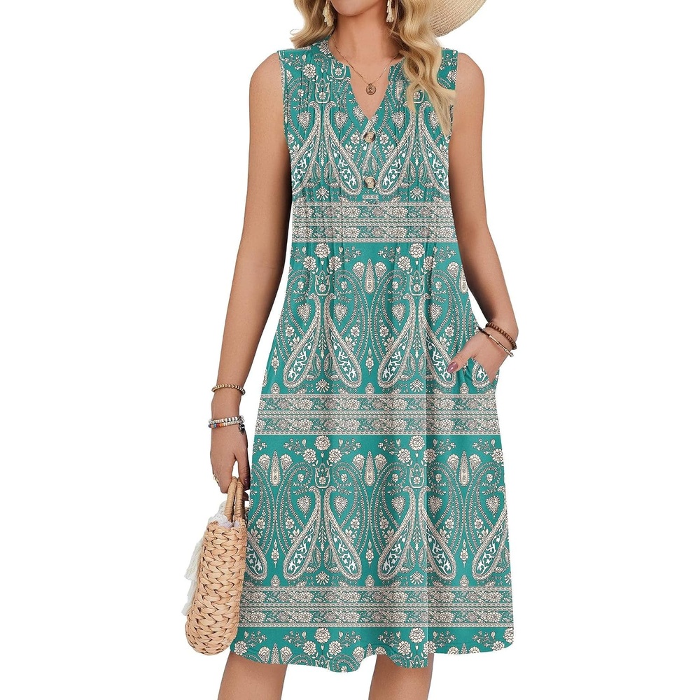 image:imageZeagoo Women Summer Casual Dress 2026 Sleeveless Midi Tank Sundress with Pockets V Neck Buttons Pleated A Line Tshirt DressBohemian Green