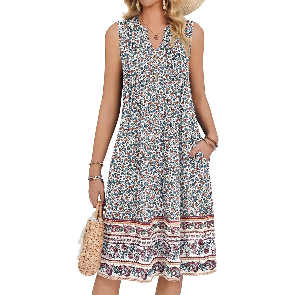 image:imageZeagoo Women Summer Casual Dress 2026 Sleeveless Midi Tank Sundress with Pockets V Neck Buttons Pleated A Line Tshirt DressBohemian Orange