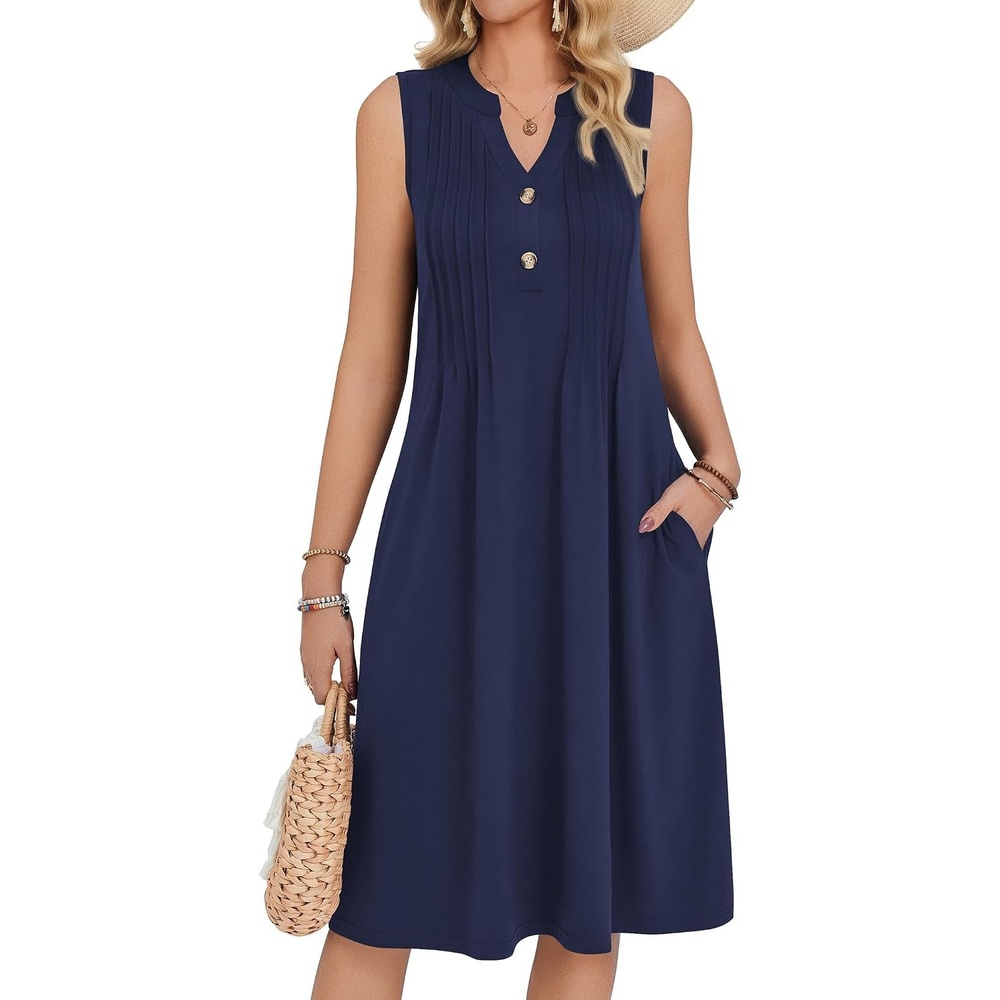 image:imageZeagoo Women Summer Casual Dress 2026 Sleeveless Midi Tank Sundress with Pockets V Neck Buttons Pleated A Line Tshirt DressNavy Blue