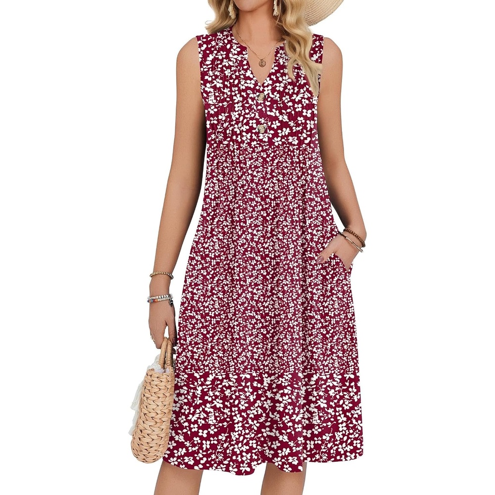 image:imageZeagoo Women Summer Casual Dress 2026 Sleeveless Midi Tank Sundress with Pockets V Neck Buttons Pleated A Line Tshirt DressRed White Floral