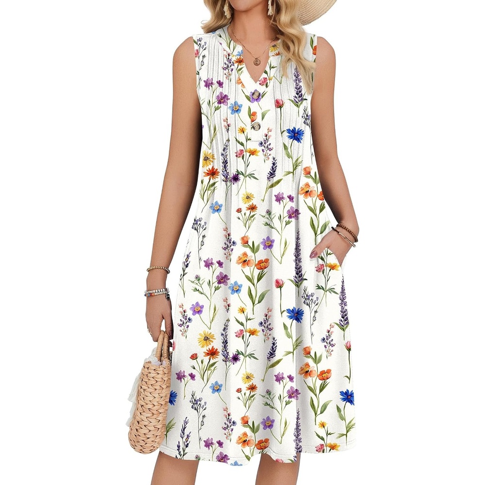 image:imageZeagoo Women Summer Casual Dress 2026 Sleeveless Midi Tank Sundress with Pockets V Neck Buttons Pleated A Line Tshirt DressYellow Orange Floral