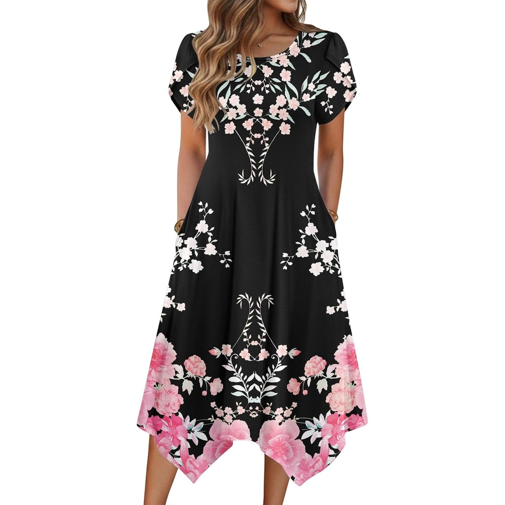 image:imageZeagoo Womens Casual Dress for Summer Loose Hankerchief Flare Midi SundressBlack Pink Flower