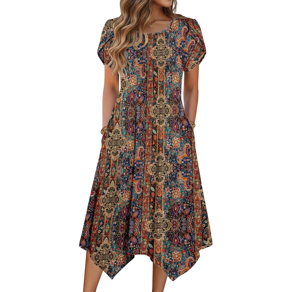 image:imageZeagoo Womens Casual Dress for Summer Loose Hankerchief Flare Midi SundressBrown