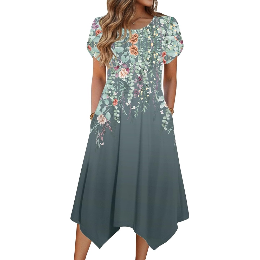 image:imageZeagoo Womens Casual Dress for Summer Loose Hankerchief Flare Midi SundressGrey Floral