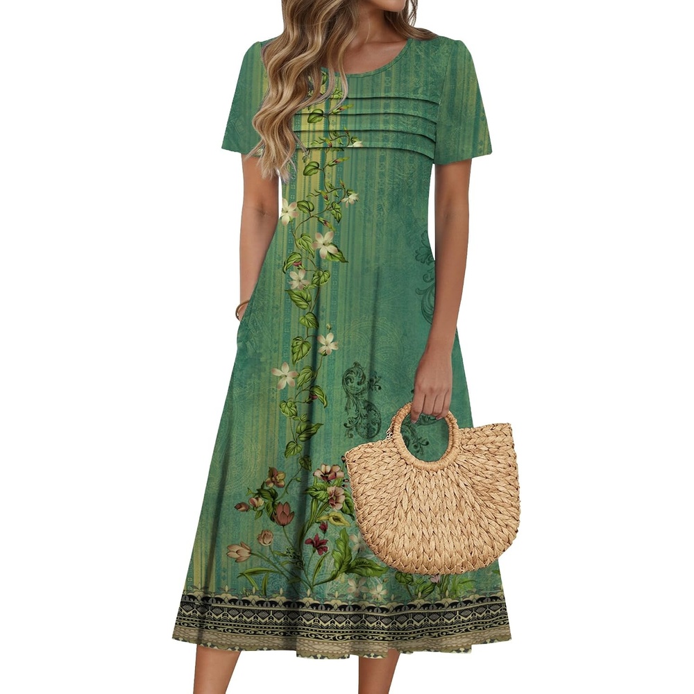 image:imageZeagoo Womens Casual Dresses for Summer Short Sleeve Flare Midi Dress Beach02 Green Floral