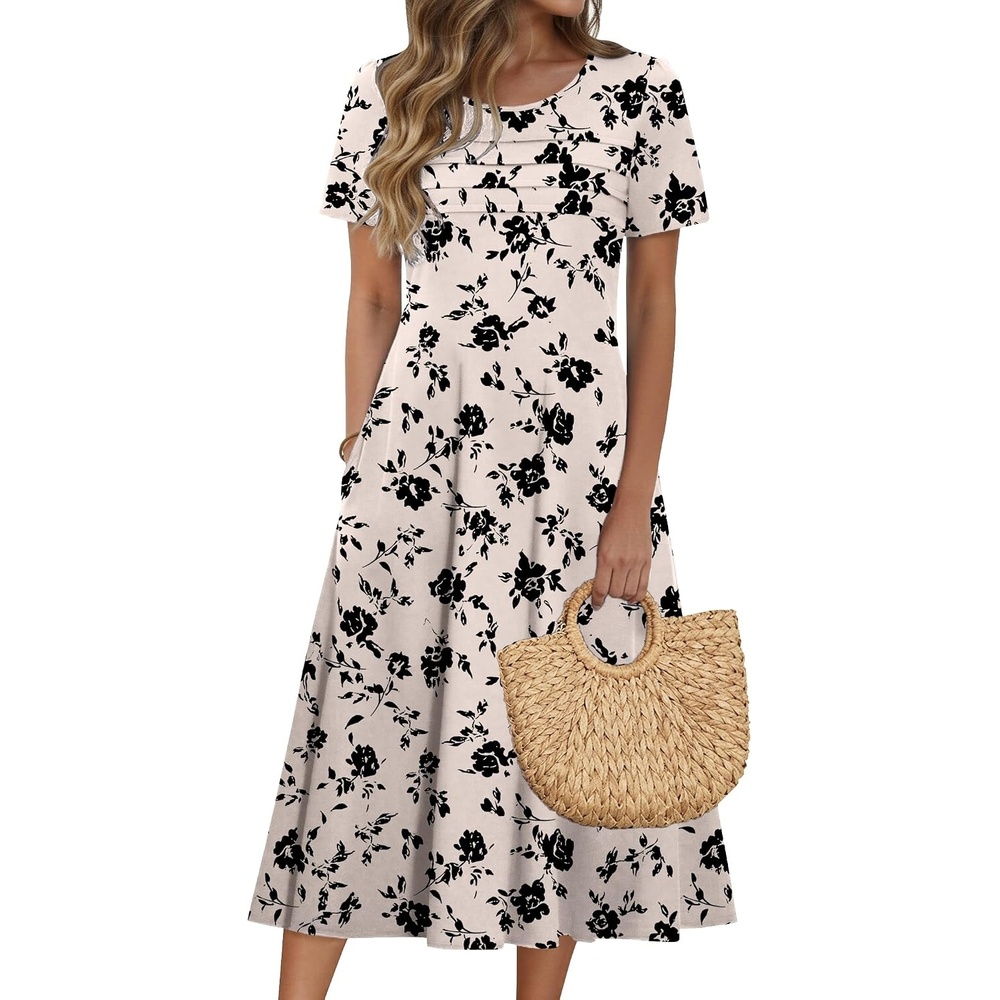 image:imageZeagoo Womens Casual Dresses for Summer Short Sleeve Flare Midi Dress BeachBeige Floral