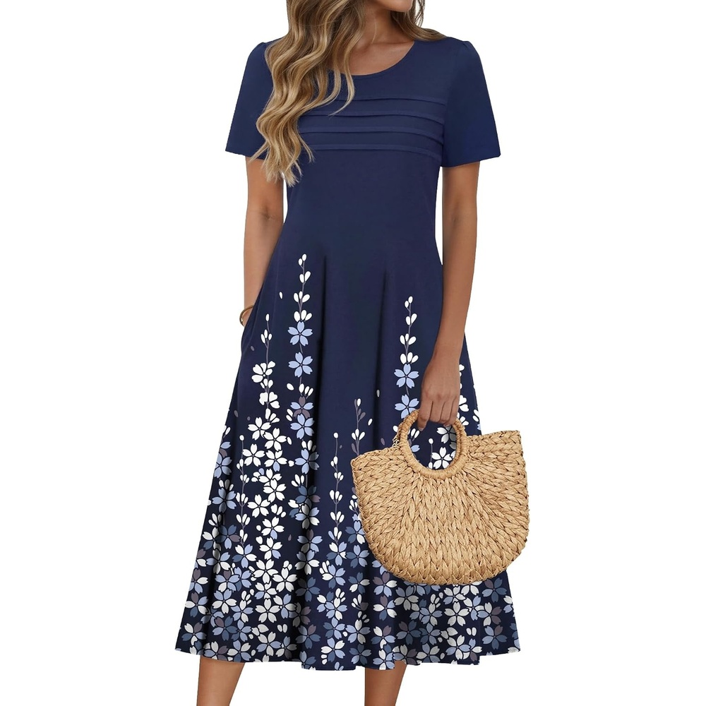 image:imageZeagoo Womens Casual Dresses for Summer Short Sleeve Flare Midi Dress BeachBlue Floral