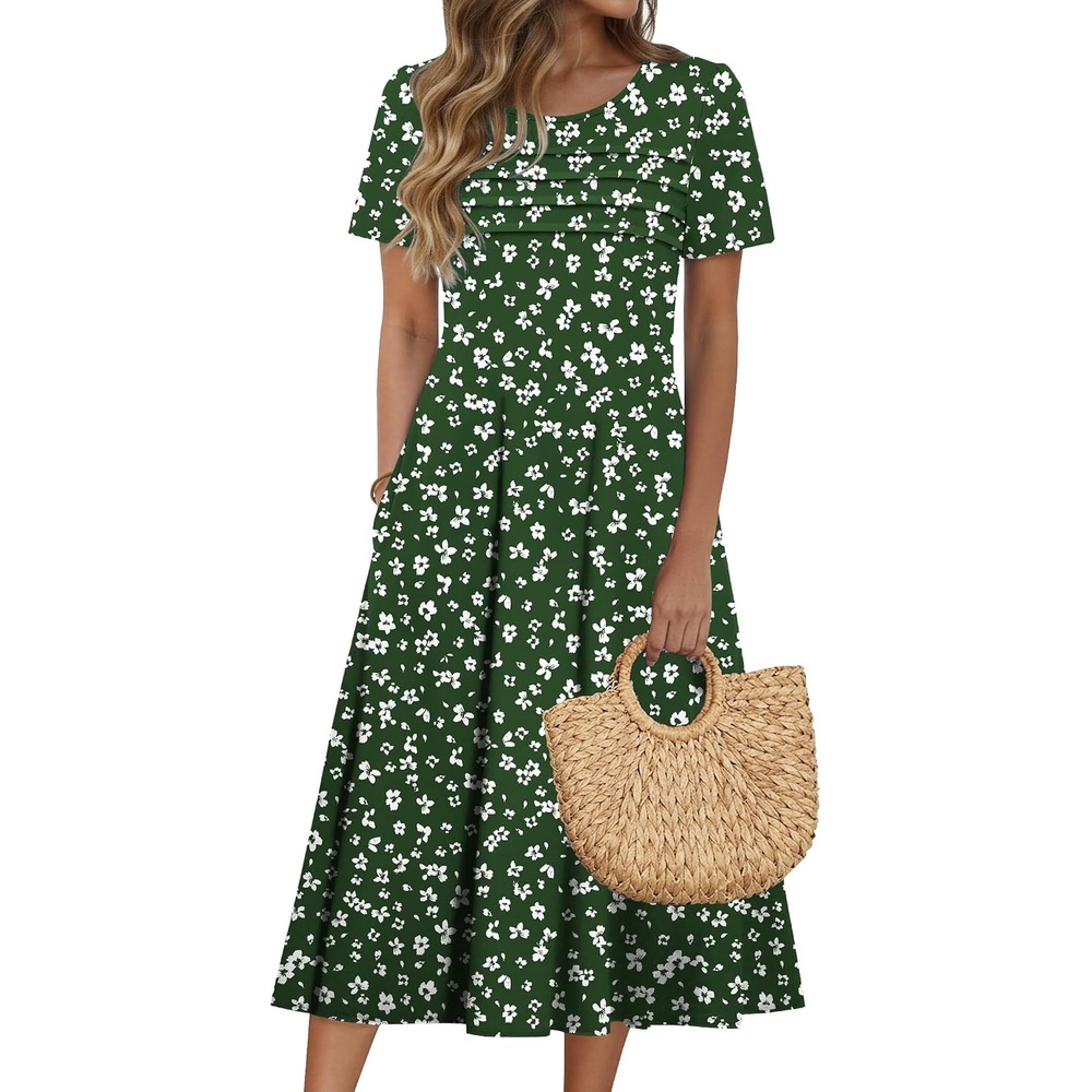 image:imageZeagoo Womens Casual Dresses for Summer Short Sleeve Flare Midi Dress BeachGreen Floral