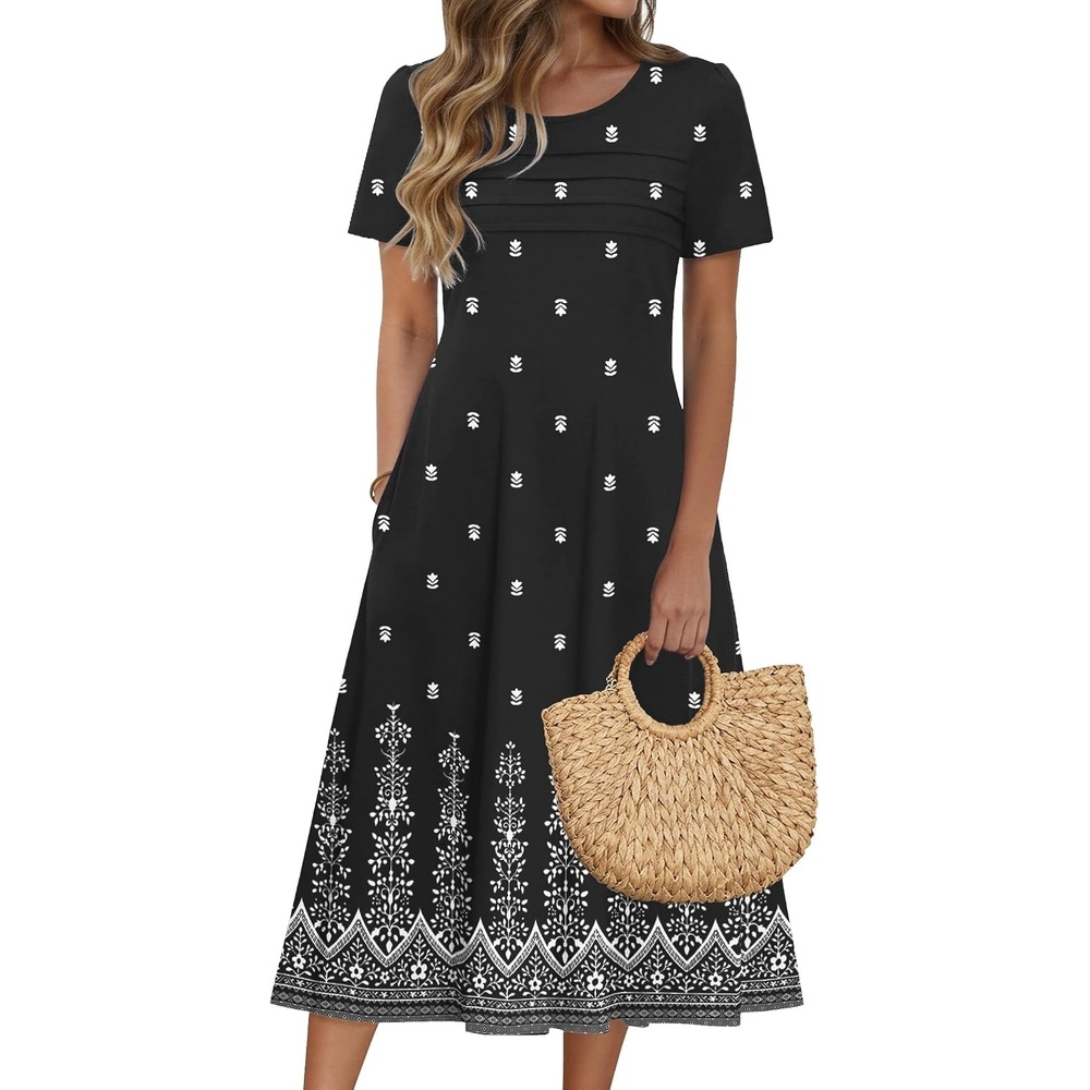 image:imageZeagoo Womens Casual Dresses for Summer Short Sleeve Flare Midi Dress BeachMz938 Black Floral