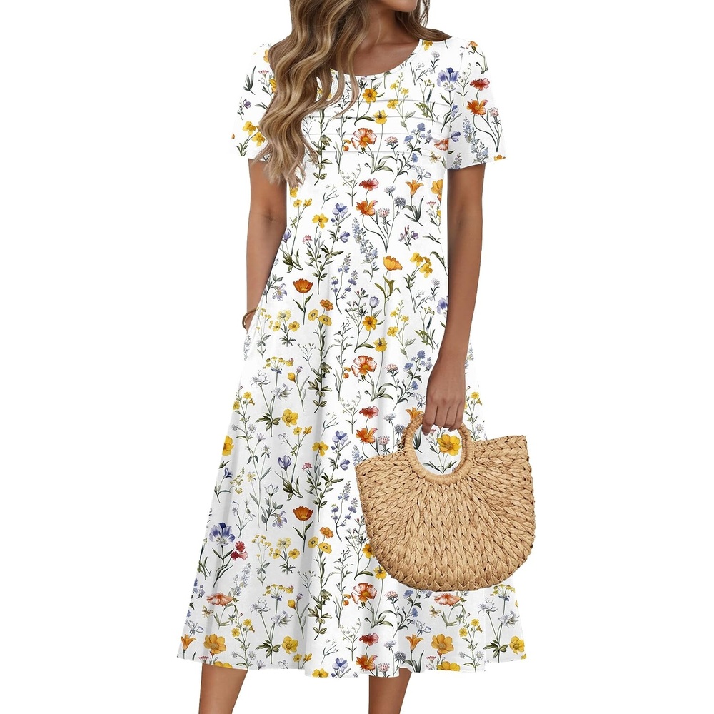 image:imageZeagoo Womens Casual Dresses for Summer Short Sleeve Flare Midi Dress BeachWhite Xh403