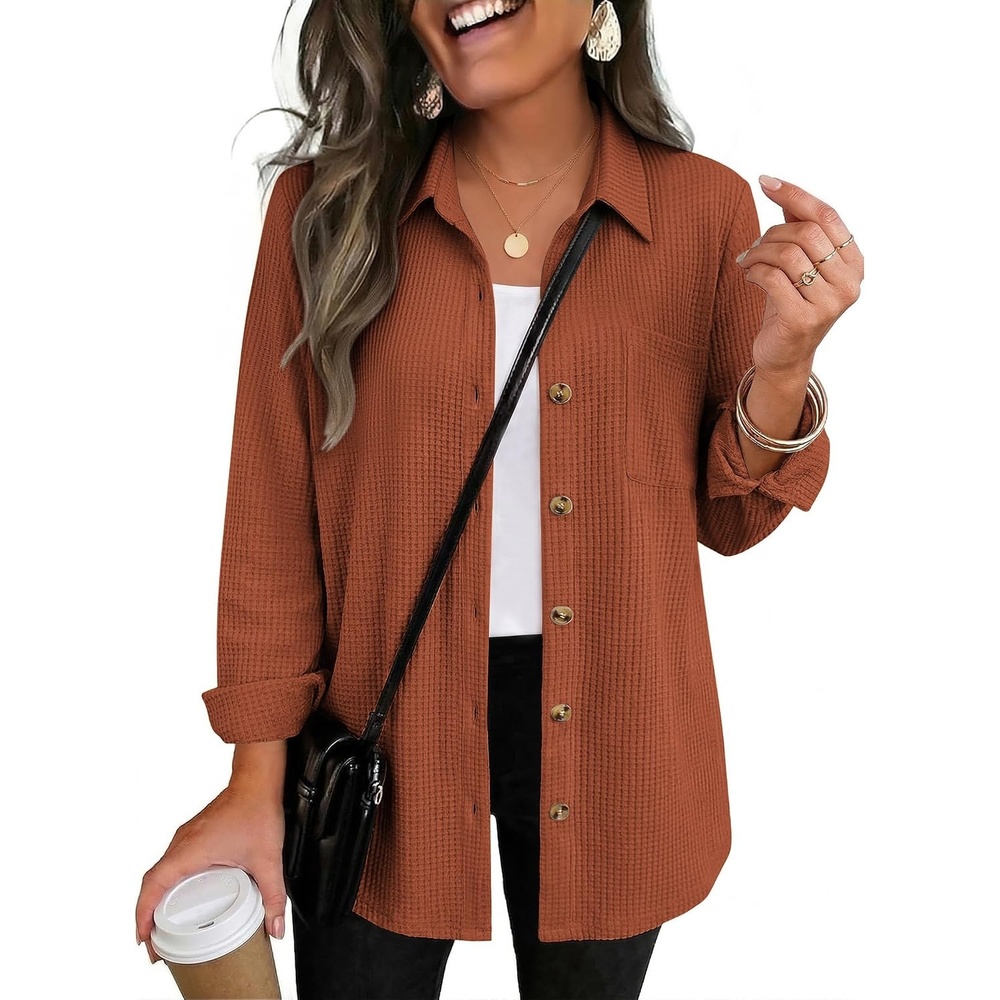 image:imageZeagoo Womens Waffle Knit Shacket Button Down Long Sleeve Tops with PocketCaramel