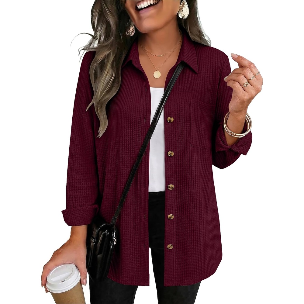 image:imageZeagoo Womens Waffle Knit Shacket Button Down Long Sleeve Tops with PocketWine Red