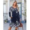 Zeagoo Fall Dresses for Women Long Sleeve Casual Pleated V Neck Dress 2026 A Line Tunic Dress(Navy Printed)