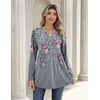 Zeagoo Women Blouses Long Sleeve Top Boho Henley Vneck Pleated Fall Tunic(Flower Grey)