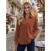 Zeagoo Womens Waffle Knit Shacket Button Down Long Sleeve Tops with Pocket(Caramel)
