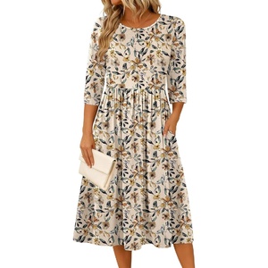 Zeagoo 3/4 Sleeve Women’s Dress Casual Aline Summer Fall Midi Long Dresses(Apricot Floral)