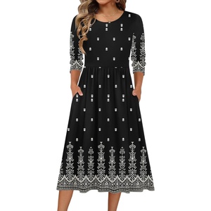 Zeagoo 3/4 Sleeve Women’s Dress Casual Aline Summer Fall Midi Long Dresses(Black Boho Print)