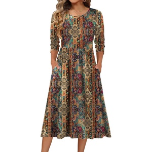 Zeagoo 3/4 Sleeve Women’s Dress Casual Aline Summer Fall Midi Long Dresses(Ethnic Boho Print)