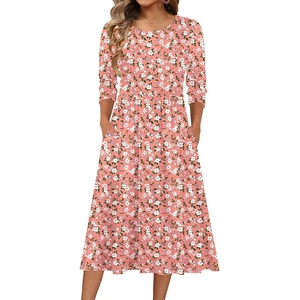 Zeagoo 3/4 Sleeve Women’s Dress Casual Aline Summer Fall Midi Long Dresses(Pink Floral)