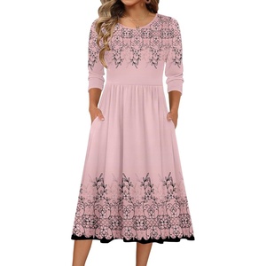Zeagoo 3/4 Sleeve Women’s Dress Casual Aline Summer Fall Midi Long Dresses(Pink Flower)