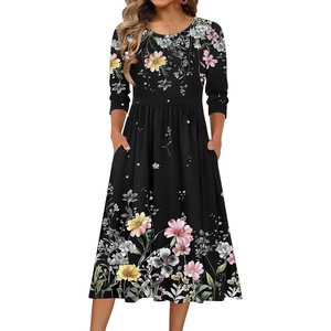 Zeagoo 3/4 Sleeve Women’s Dress Casual Aline Summer Fall Midi Long Dresses(Wf120)