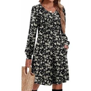 Zeagoo Fall Dresses for Women Long Sleeve Casual Pleated V Neck Dress 2026 A Line Tunic Dress(B26 Black Floral)