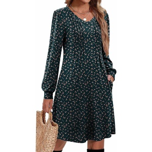 Zeagoo Fall Dresses for Women Long Sleeve Casual Pleated V Neck Dress 2026 A Line Tunic Dress(B26 Green Floral)