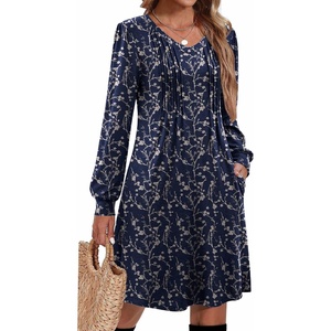 Zeagoo Fall Dresses for Women Long Sleeve Casual Pleated V Neck Dress 2026 A Line Tunic Dress(B26 Navy Floral)