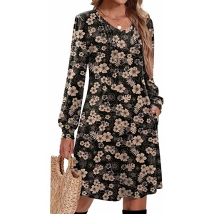 Zeagoo Fall Dresses for Women Long Sleeve Casual Pleated V Neck Dress 2026 A Line Tunic Dress(Black Floral 02)