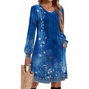 Zeagoo Fall Dresses for Women Long Sleeve Casual Pleated V Neck Dress 2026 A Line Tunic Dress(Blue Floral)